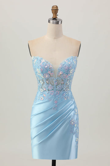 Light Blue Bodycon Strapless Corset Ruched Sequins Cocktail Dress